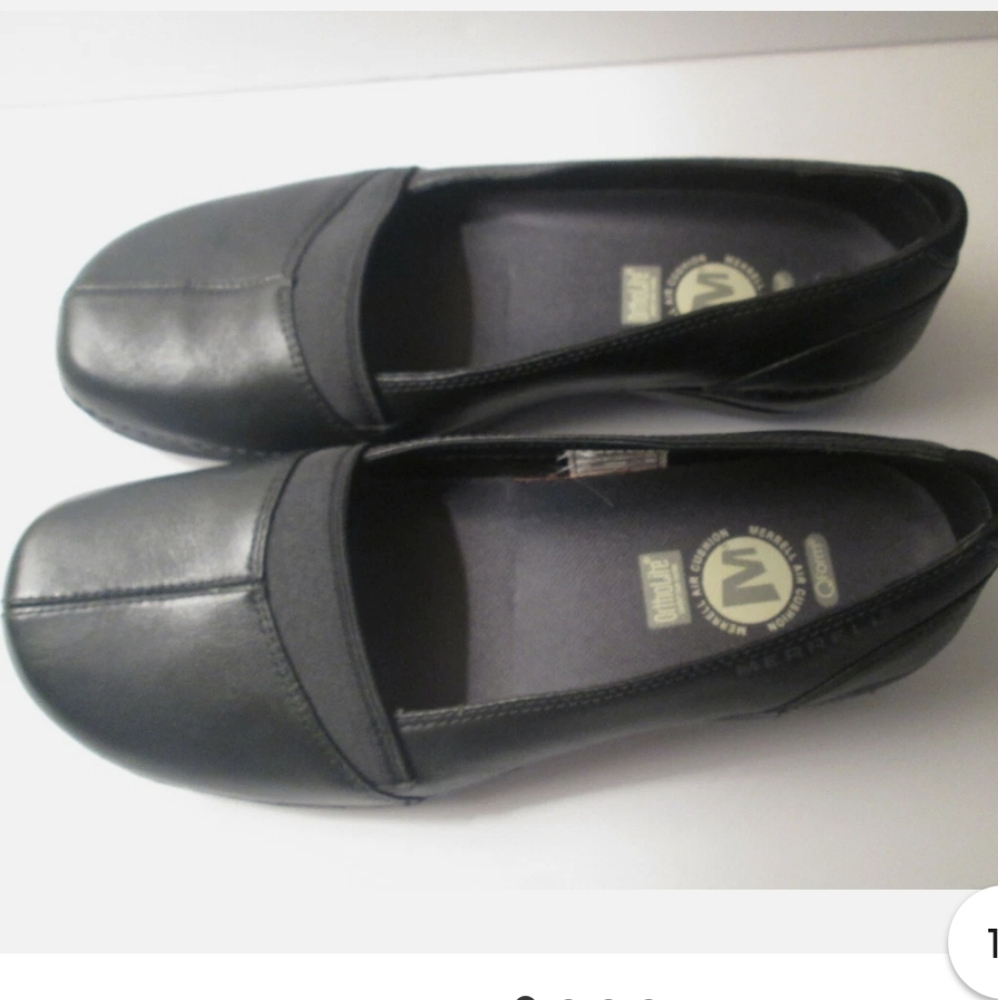 MERRELL WOMEN'S AIR CUSHION ORTHOLITE QFORM FLAT LEATHER BLACK SIZE6.5 PREOWNED